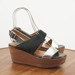 Trask Womens Robyn Sandals Wedge Platform Silver Leather Calf Hair Size 7M